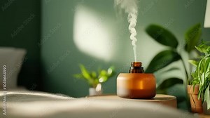 Calming aroma diffuser releases soothing steam in serene bedroom, enhancing relaxation and tranquility with soft green walls and plants for ultimate wellness and home decor.
