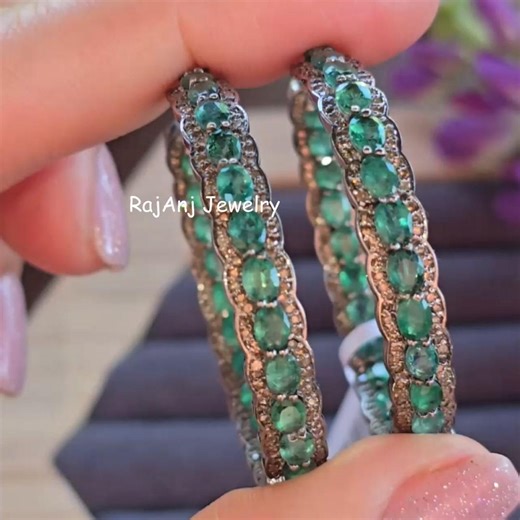 Natural Emerald Earring, 925 Sterling Silver Designer Earring, Emerald Dangle Hoop Earring, Emerald Gemstone Earring, Pave Diamond Earring - Etsy
