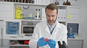 A focused male scientist examines a petri dish in a modern laboratory setting, showing research, healthcare, and science themes.