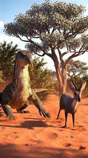 Nile Monitor vs Common (Grey) Duiker on the a Kalahari thornscrub dotted with silver cluster-leaf