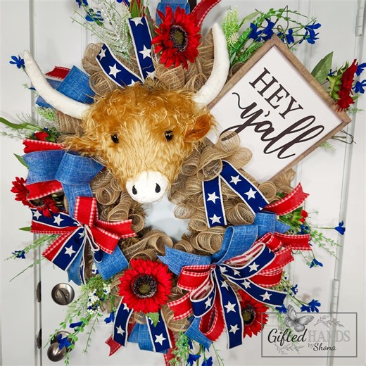 Highland Cow Wreath – Rustic Farmhouse Door Decor, Texas Pride, Spring Summer Wreath