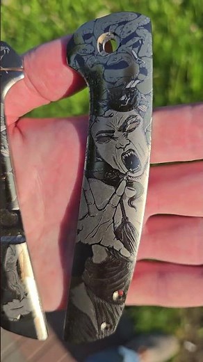 Medusa-Themed Laser Engraving on Titanium Scales | Folder by Noblie Custom Knives