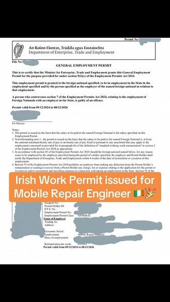 Irish Work Permit for Mobile Repair Engineer Explained