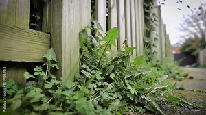 Wood fence and weeds border a path, with vegetation blurring into the distance