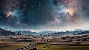 Download A beautiful night sky filled with stars and the Milky Way galaxy above a beautiful mountain landscape. The vastness of the universe creates a sense of wonder, mystery, and boundless beauty in space. for free