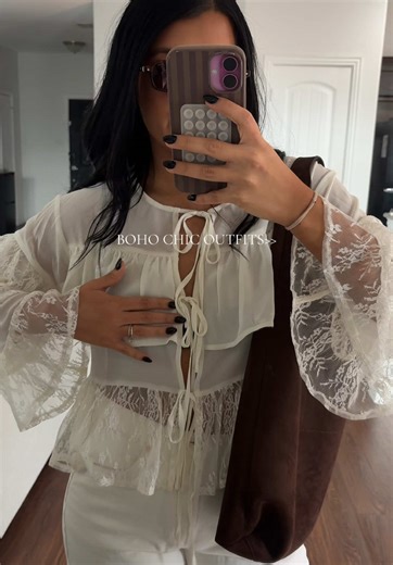 SIZE: MEDIUM. I love a boho chic little blouse! The tiered details and the sheer and lace are perfect for Spring boho looks! Monochromatic outfits with a pop of chocolate brown are everything hehe!! Boho Chic Outfit Inspo. Outfit Ideas for Spring and Summer. Chic Outfit Inspo. #outfits #outfitinspo #boho #chic #outfitideas