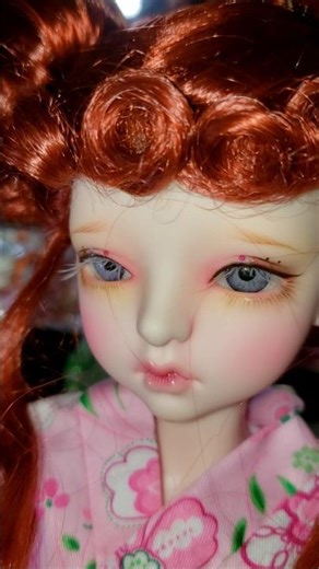Bjd in pink flower kimono with red hair #bjd #kimono #dress