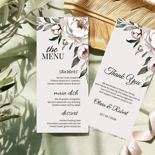 Minimalist Dinner Food Menu Card TEMPLATE for Wedding, Elegant Printable Thank You, 4 X 9 in & 5 X 7 Inch Card Set Instant Download Canva - Etsy Canada