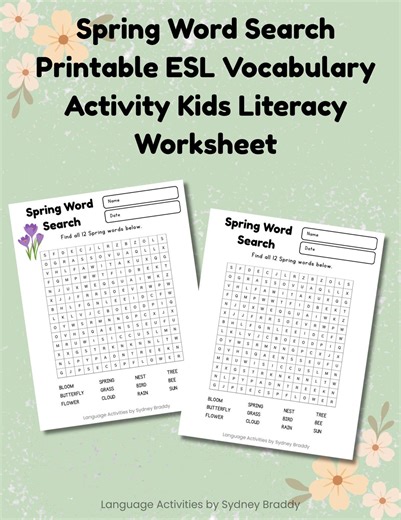 Spring Word Search Printable | ESL Vocabulary Activity | Kids Literacy Worksheet - Etsy