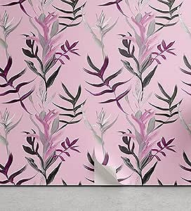 Ambesonne Tropical Peel & Stick Wallpaper for Home, Nature Concept Simplistic Art Featuring Exotic Leaves Pattern Plot, Self-Adhesive Living Room Kitchen Accent, 13" x 100", Soft Pink and Dark Grey