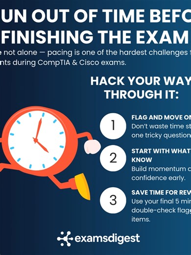 ⏱️ Running out of time on exam day? Don’t stress — pace smarter, not faster. 💡 Flag tough questions, start with what you know, and review at the end. Master time management = more right answers. 🚀 #CompTIA #CiscoCCNA #ExamPrep #ITCertification #CompTIAExam #StudyMotivation #TechTraining #CCNAExam #CompTIACertified #ITCareer #TechSkills #FutureITPro #StudyTips #ExamHacks #ITCommunity #LearnNetworking #CompTIATraining