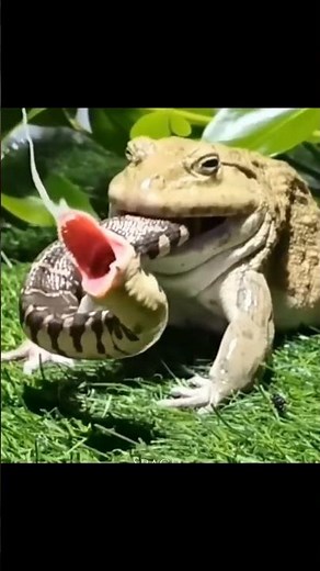 snake escapes from bull frog mouth.