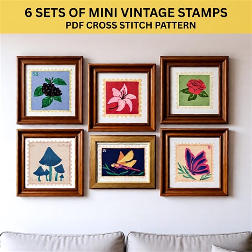 6 Vintage Stamp Cross Stitch Patterns – PDF Download | Mini Postage Stamp Design Set for DIY Embroidery Wall Art - Etsy