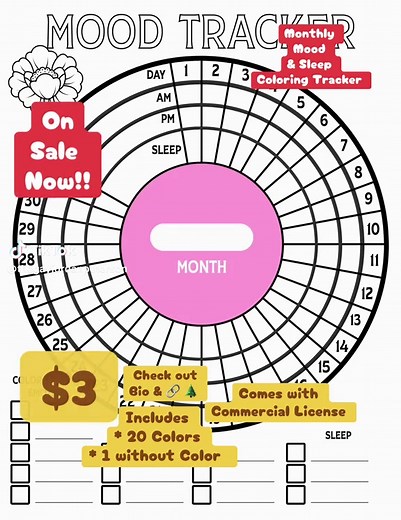 Monthly Mood & Sleep Coloring Tracker. Bring more awareness and intention to your mental health journey with our Mood & Sleep Tracker Wheel! This thoughtfully designed, printable tool empowers you (or your clients) to track daily mood and sleep patterns in a creative, colorful, and affirming way. Features: * 31-day wheel to track each day of the month * AM & PM mood sections for nuanced reflection * Dedicated sleep section for better wellness insights * Customizable “Colors & Emotions” key for s
