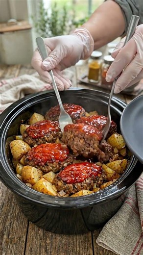 Slow Cooker Mini Beef Meatloaves and Potatoes #elisedeliciousbites #recipe #easyrecipes #cooking