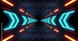 4K seamless loop flying into spaceship tunnel, sci-fi spaceship corridor. Futuristic technology abstract seamless VJ for tech titles and background. Motion graphic for internet, speed. 3D render