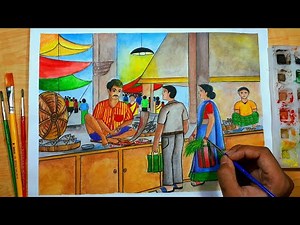 How to draw a fish market step by step // Fish market drawing with watercolor // Avi Art and Craft.