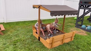 Wooden Sandbox with Cover | Large Sandpit for Kids Outdoor with Adjustable Canopy Backyard Play | w/Movable Toy Bins