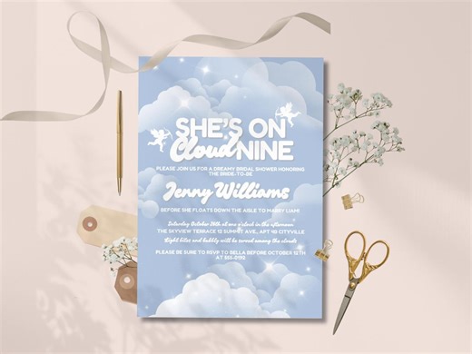 She's on Cloud Nine Bridal Shower Invite on Cloud Nine Bachelorette Theme Digital Download on Cloud Nine Invitation Suite Editable Template - Etsy