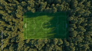 Football field in the middle of the forest top view. Simulated aerial photography. Realistic 3D animation