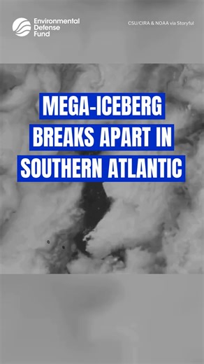 ⏳ 🧊 Timelapse satellite imagery captured between November 2025 and February 2026 shows the former largest iceberg in the world, A23a, continuing to break apart in the southern Atlantic Ocean. The imagery was released by the Cooperative Institute for Research in the Atmosphere (CIRA) and shows A23a drifting in the southern Atlantic Ocean. On January 30, the US National Ice Center said the iceberg had an area of 163.54 square nautical miles. #Iceberg #A23A | Environmental Defense Fund