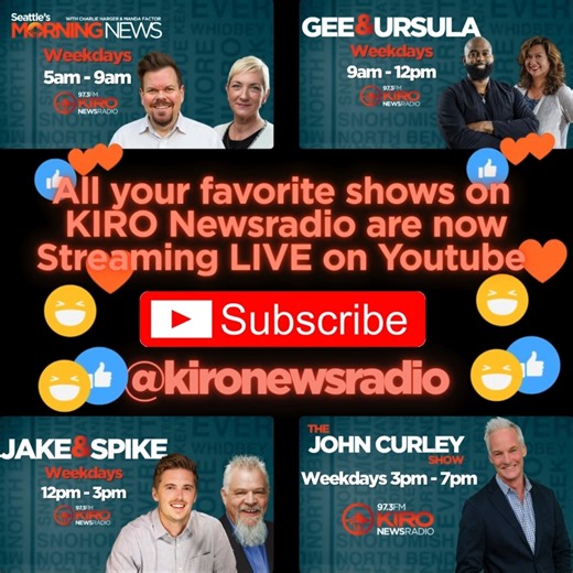 8.3K views · 33 reactions | Did you know that you can watch all of your favorite KIRO Newsradio shows on YouTube? Well, you can! Be sure to tune in and interact with our hosts Monday-Friday, 5am - 7pm! www.youtube.com/@kironewsradio Charlie Harger, The Jake and Spike Show, Gee and Ursula, The John Curley Show, Manda Lowney | KIRO Newsradio 97.3 FM | Facebook
