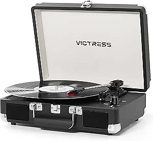Record Player with Speakers, Bluetooth Vinyl Record Player with Recording, 3 Speed Portable Suitcase LP Player, Belt Drive Turntable, RCA/AUX/Headphone Jack, Black
