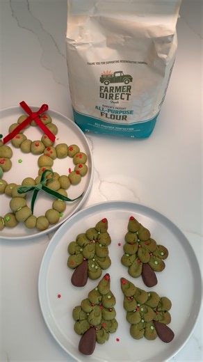 Shelia (Shel-yah) Kechukyan on Instagram: "Festive Cookies 🎄 Ingredients: + 165 gr Farmer Direct flour + 120 gr butter + 100 gr sweetened condensed milk + 1 tspn vanilla extract + cocoa powder & matcha powder (about 2-4 tspn depending on desired color) In a mixing bowl, combine the flour, butter, sweetened condensed milk, and vanilla extract. Mix until a soft dough forms. Divide the dough into two equal portions. Add cocoa powder to one portion and matcha powder to the other. Mix each until the