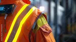 Industrial worker in a factory wearing a futuristic high visibility jacket with glowing safety stripes and integrated technology