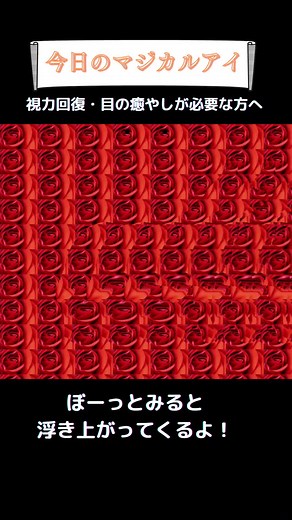🌱何か浮き出る！？マジカルアイ🌱 日々投稿中！ 今日のマジカルアイはこれです！ コツは「リラックスしてぼんやり見る（平行法）」or「寄り目ぎみに見る（交差法）」です。 みなさんは見えましたか？？ 見えた人はコメント欄へ ※マジカルアイとは、特殊な見方をすることで平面の絵の中に絵が浮き出てくるという立体視を利用したもの。 疲れた目の筋肉をほぐし、視力回復効果や癒やしを得ることができる #マジカルアイ #magiceye #ステレオグラム #stereograms #視力回復 #stereogram #視力回復トレーニング #視力が良くなる #目が良くなる #スマホ老眼 #簡単 #近視 #老眼 #疲労回復 #疲れ目 #近視 #癒やし #スマホ #立体視 #イラスト #懐かし #間違い探し #メガネ #コンタクト #sns疲れ #平行法 #交差法 #3D #3Dvideo #3D立体視 #マジックアイ #オートステレオグラム #マジックアイピクチャー #ランダムドットステレオグラム