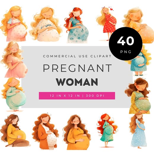 Pregnant woman clipart set maternity mom to be watercolor expecting mother illustrations for baby shower invitations crafts & DIY projects - Etsy México