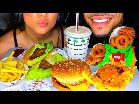 ASMR IN N OUT ANIMAL STYLE WITH WIFE JERRY EATING FAST FOOD BURGER KING SOUNDS NO TALKING MUKBANG 먹방