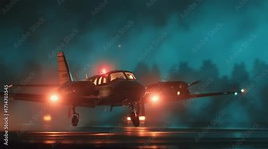 Side profile shot, a tiny, makeshift cargo plane taking off at night from a modest runway, headlights on, fog and runway lights, the scene takes place in the 2020s in the United States, a dramatic