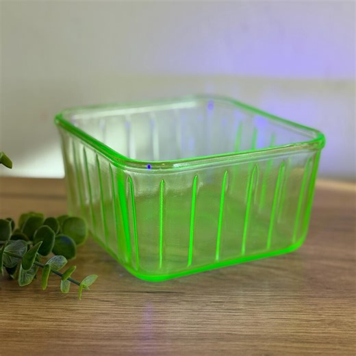 Green Depression Glass Dish | Vintage Uranium Glass Bowl | Ribbed Square Dish | Glows Under UV | Retro Kitchen Decor