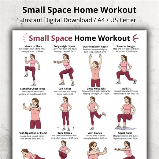 Small Space Home Workout Chart, Apartment Friendly Exercises, No Equipment Full Body Standing Home Exercises for Women PDF Poster Wall Art - Etsy