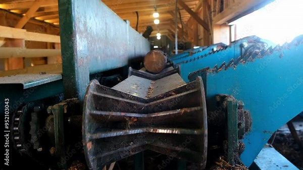 Metal moving conveyor transporter for timber wooden log at woodworking plant. Timber processing and woodworking industry. Working process sawing wood boards on saw-mill factory in workshop.