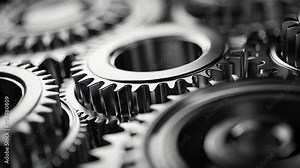 Closeup of gears and cogs of machines in motion, engineering concept