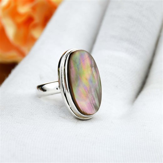 Oval Abalone Shell Ring, Handmade 925 Sterling Silver Statement Ring - Etsy