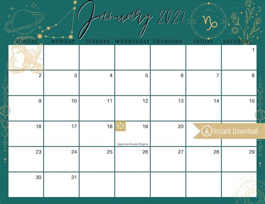 January 2027 Digital Calendar: Capricorn Astrology Planner (PDF, PNG, JPG Download) - Etsy Australia