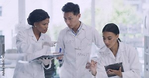 Young research scientists writing formulas on a transparent board. Biology supervisor teaching medical intern or student biologists in modern research lab. Team of researchers brainstorming solutions