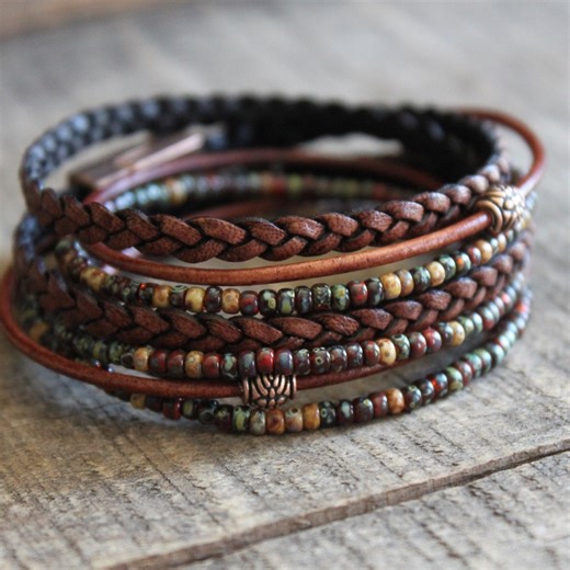 Boho Leather Wrap Bracelet: Braided Napa Leather, Miyuki Beads - Etsy
