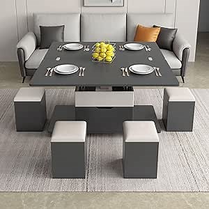 Lift-Top Coffee Table with 4 Stools,Modern Space Saving Coffee Table, Multi-Functional Adjustable Coffee Table with Hidden Storage Compartment, Height Adjustable,Grey,39.37"