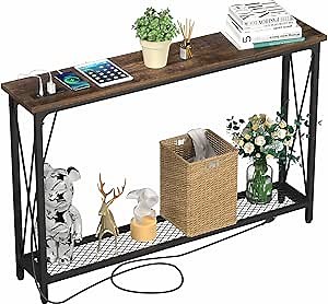 Yoobure Entryway Table with Power Outlet, Narrow Console Table, 47.3" Entry Table with USB Ports, Sofa Table Behind Couch, Hallway Table for Entryway with Metal Support, Living Room, Rustic Brown