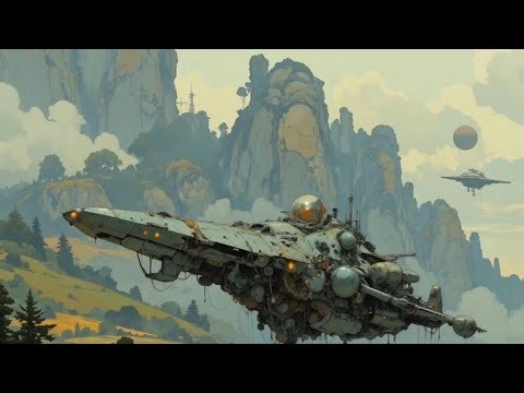 Futuristic Airship Exploring Alien Mountain Landscape