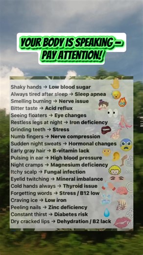 Your body whispers before it screams. 🧠💡 Don’t ignore these signs — they’re trying to tell you something. Health starts with awareness. 🌿✨ #BodySignals #HealthAwareness #ListenToYourBody #WellnessTips #HolisticHealth #HealthMatters #MindBodyConnection #StayInformed #SelfCareDaily | Sammy Vlog