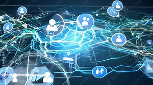 Colorful Technology Network Animation Featuring Growing Media Icons and Moving Nodes