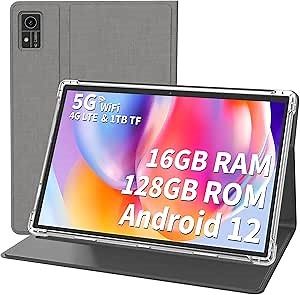 Android Tablet 10 inch, 16GB RAM 128GB ROM, 1TB Expand, Android 12 Tablet with Octa-Core, 5G WiFi, 4G/LTE, 8000mAh Battery, Bluetooth5.0, FHD Screen, GPS, GMS Certified(Silver)