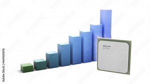 Semiconductor prices visualization, Colourful 3D chart with a 3D chip. Central processor unit market price rise. 3D Animation on white background