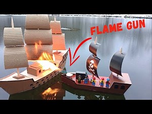 Lego pirates on a pirate ship with a powerful flamethrower cannon