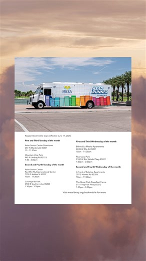 📚 Meet the Read Runner, Mesa’s library on wheels! Every week it brings books, technology, and more right into neighborhoods across the city. This week’s stops: Tuesday, Aug. 26 10–11:30 a.m. — Aster Senior Center/Red Mountain Multigenerational Center 1:30–3:30 p.m. — Countryside Park Wednesday, Aug. 27 10–11:30 a.m. — Solstice Apartments 1:30–3:30 p.m. — The Great Park–Steadfast Farms 💡 Place your holds and pick them up at the Read Runner — choose Bookmobile as your pickup location when placin